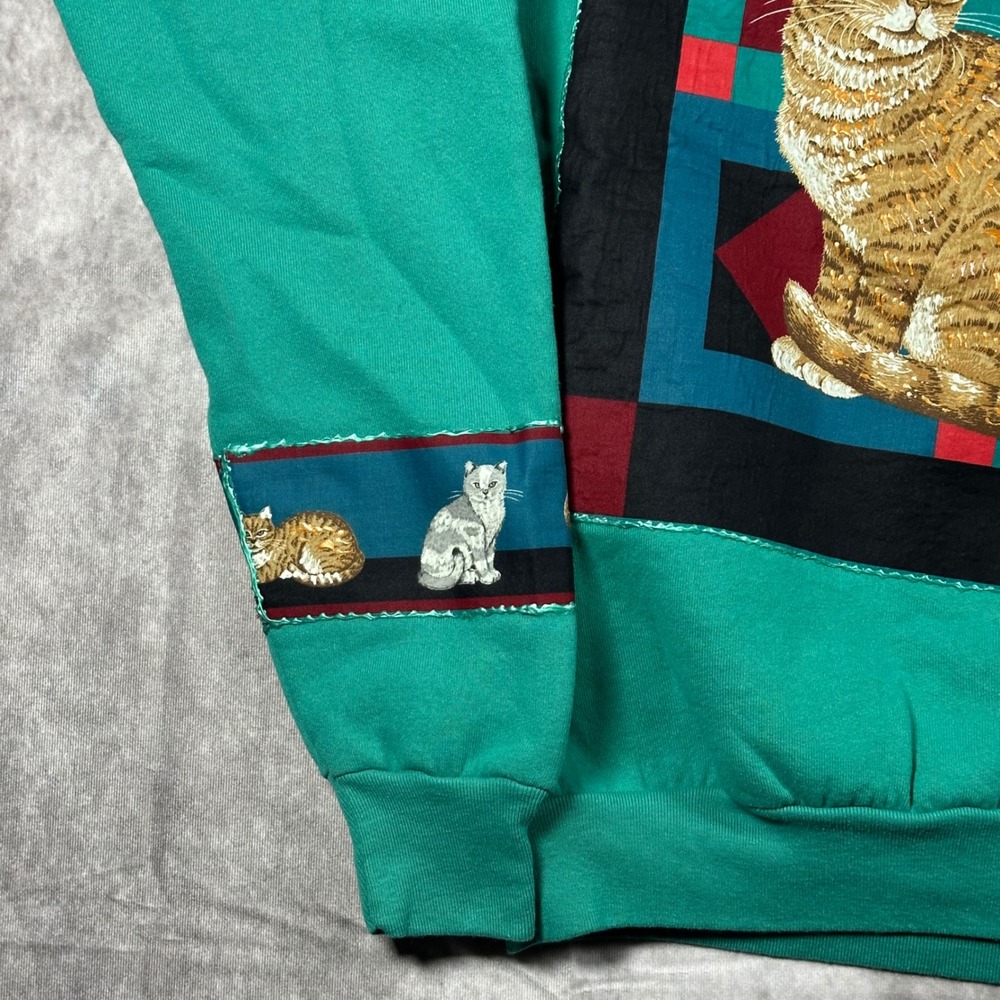 Vintage Fruit of the Loom Cat Quilt Sweatshirt XL Teal Green Made in USA 90s - Picture 4 of 8